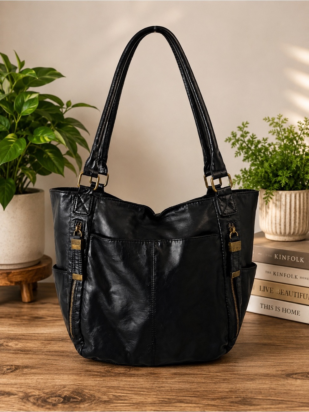Bueno Black Faux Leather Shoulder Tote Bag Multi Pocket Zip Detail Purse